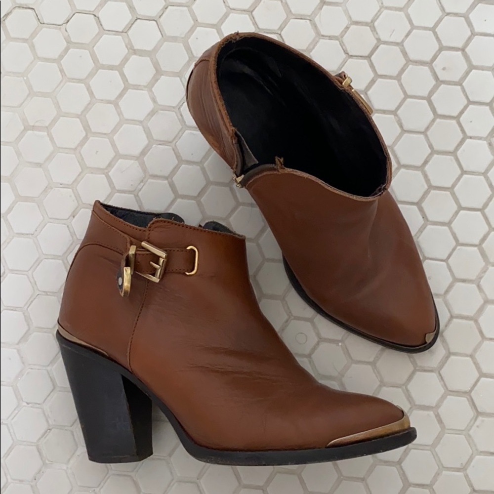 All leather, tan Topshop heeled boots. US size 9.5